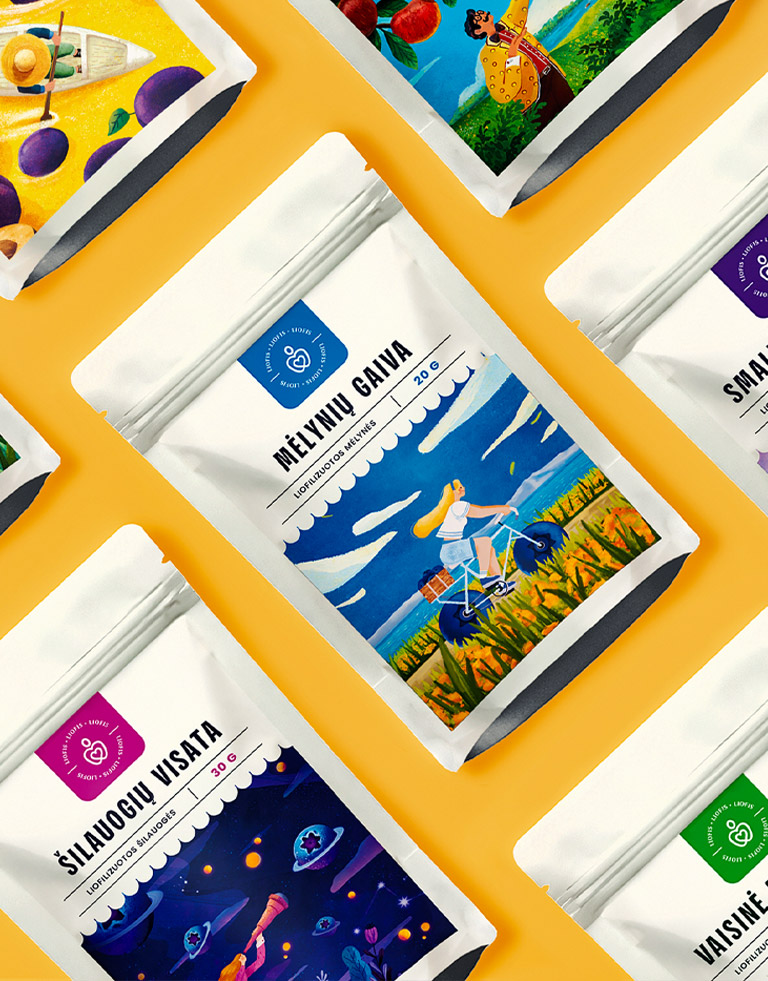 Flat lay of several snack pouches from the "mb liofis" product line arranged diagonally on a yellow background. The packaging is eye-catching with bold illustrations and clear labeling.